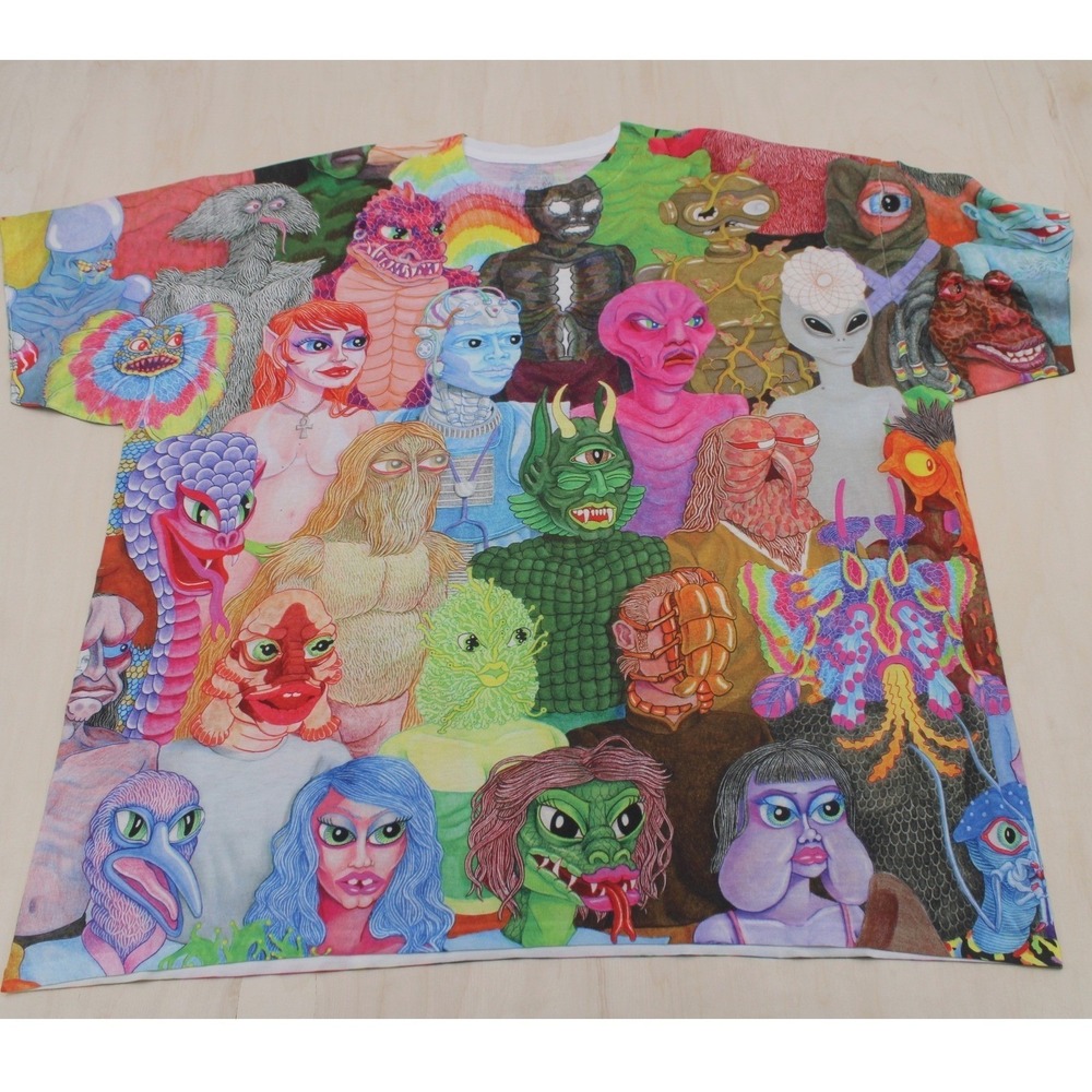Mens Artistic All Over Print Alien Monster Graphic Tee Multicolor Threadless 2XL